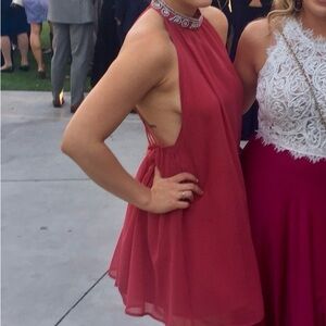 Coral High Neck Open Back Mini Dress size L